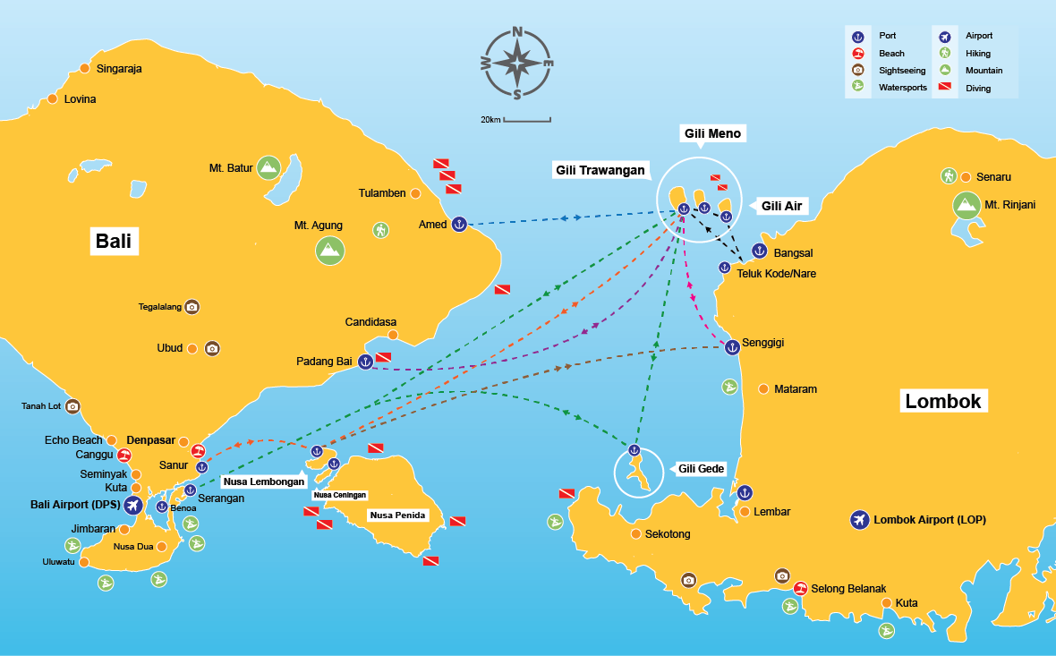 Fast boat routes from South West and South East Bali to the Gili Islands